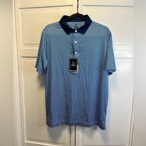 NWT DEOLAX Mens Patterned Short Sleeve Polo Shirt Size Men’s Medium Blue/White